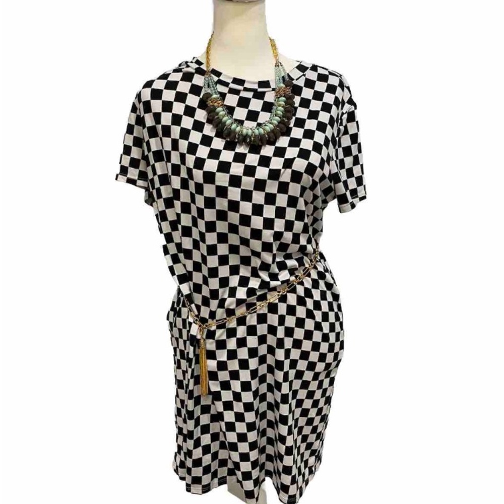 Forever 21 Black White Checkerboard Print Mini T-Shirt Dress-Size M
